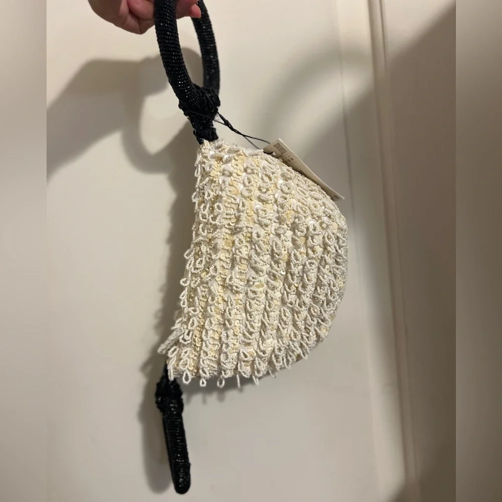 Zara Beaded Evening Mini Purse Tote Bag Cream Black Bridesmaid Wedding TikTok - Picture 3 of 13